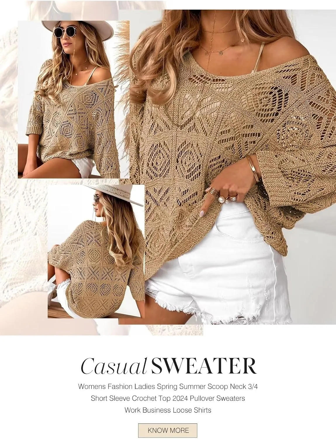 Dokotoo Women's 2025 Spring Summer Crochet Hollow Out 3/4 Sleeve Pullover Sweater Off Shoulder T-Shirts