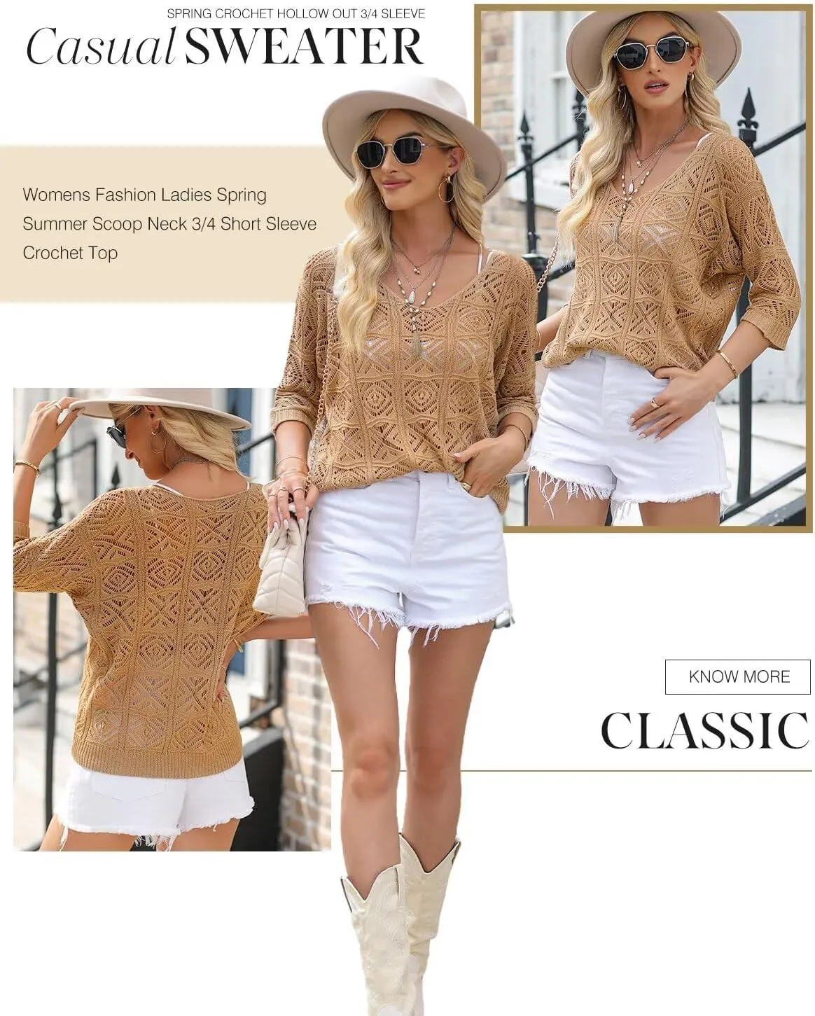 Dokotoo Women's 2025 Spring Summer Crochet Hollow Out 3/4 Sleeve Pullover Sweater Off Shoulder T-Shirts