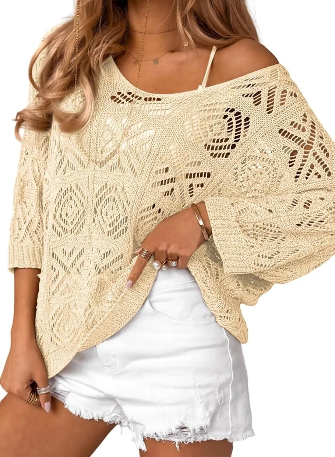 Dokotoo Women's 2025 Spring Summer Crochet Hollow Out 3/4 Sleeve Pullover Sweater Off Shoulder T-Shirts