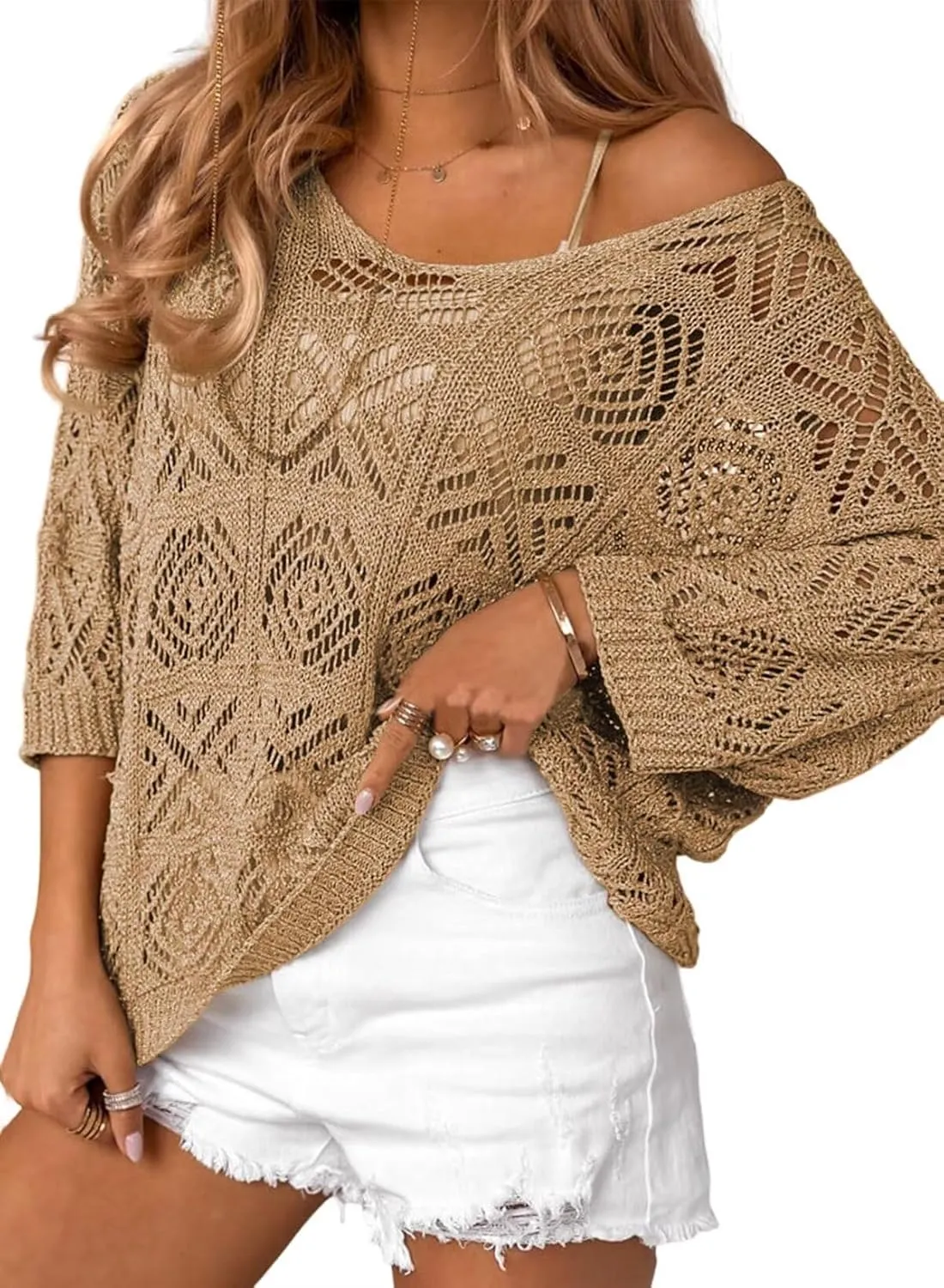 Dokotoo Women's 2025 Spring Summer Crochet Hollow Out 3/4 Sleeve Pullover Sweater Off Shoulder T-Shirts