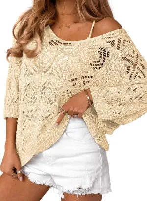Dokotoo Women's 2025 Spring Summer Crochet Hollow Out 3/4 Sleeve Pullover Sweater Off Shoulder T-Shirts