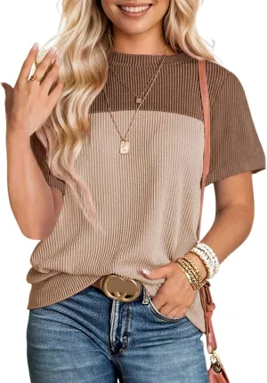 Dokotoo Womens Color Block Fashion Short Sleeve Crewneck Knitted Spring Summer Casual Loose T Shirts Tops
