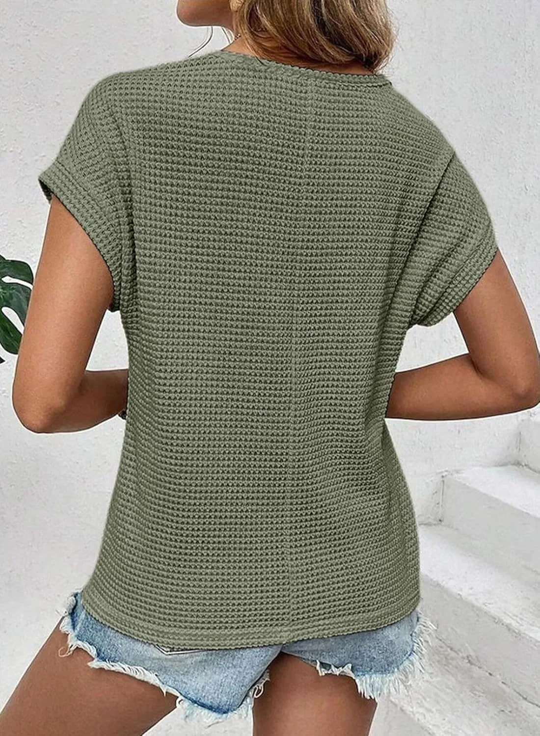 Dokotoo Women's Tops Casual Scoop Neck Short Sleeve Waffle Knit Hollow Out Shirts Loose Tunic Tops Blouses