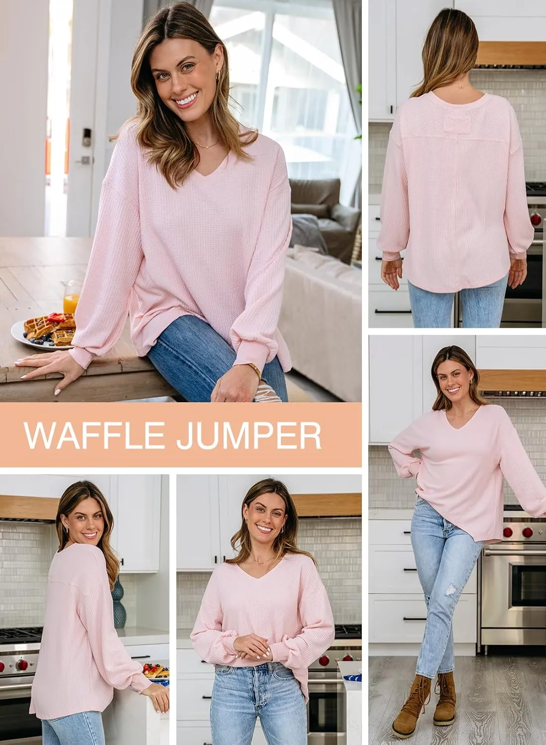 Dokotoo Womens Waffle Knit Tops Fashion 2025 Long Lantern Sleeve Casual Blouses V Neck Oversized T Shirts