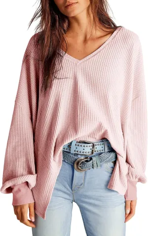 Dokotoo Womens Waffle Knit Tops Fashion 2025 Long Lantern Sleeve Casual Blouses V Neck Oversized T Shirts