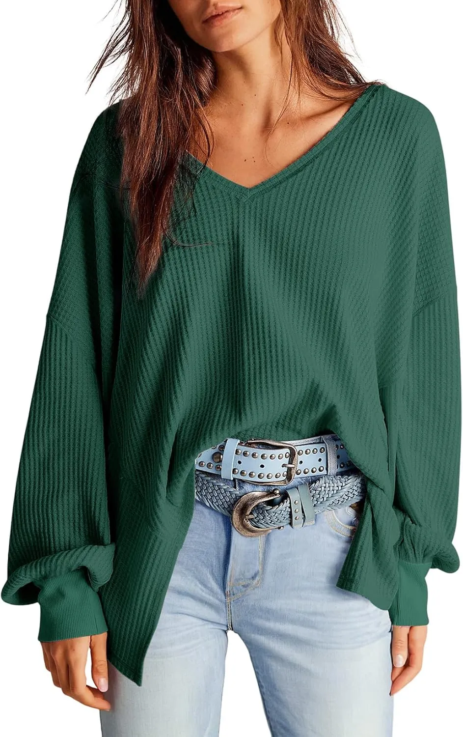 Dokotoo Womens Waffle Knit Tops Fashion 2025 Long Lantern Sleeve Casual Blouses V Neck Oversized T Shirts