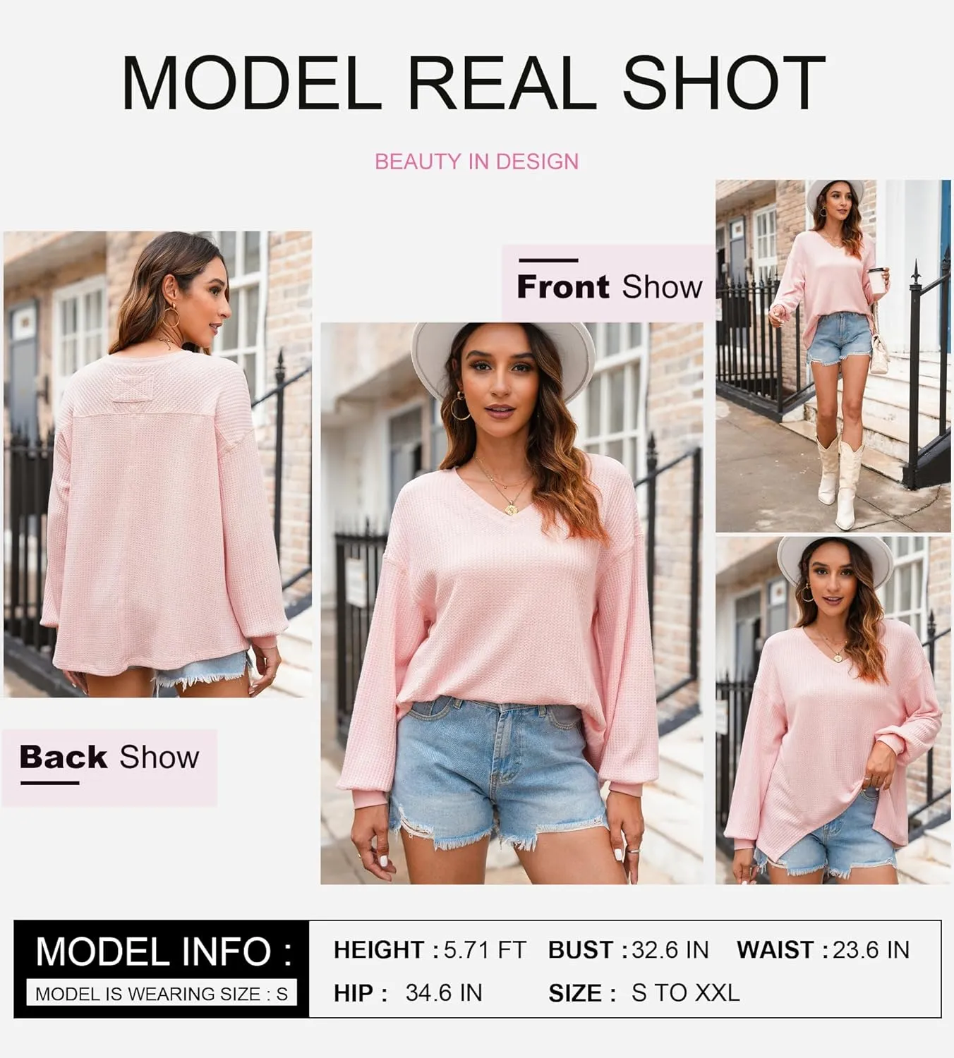 Dokotoo Womens Waffle Knit Tops Fashion 2025 Long Lantern Sleeve Casual Blouses V Neck Oversized T Shirts