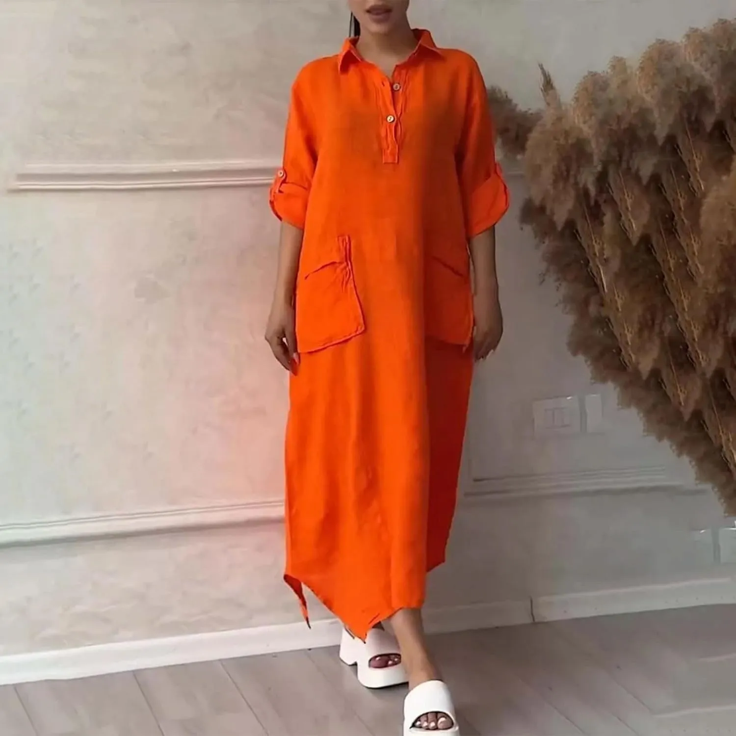 Dresses for Women Long Sleeve Cotton Linen Oversized Loose Dresses Casual Henley Button Down Flowy Dresses Fall 2024