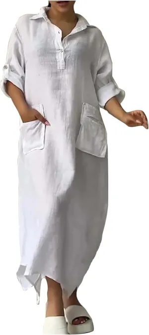 Dresses for Women Long Sleeve Cotton Linen Oversized Loose Dresses Casual Henley Button Down Flowy Dresses Fall 2024