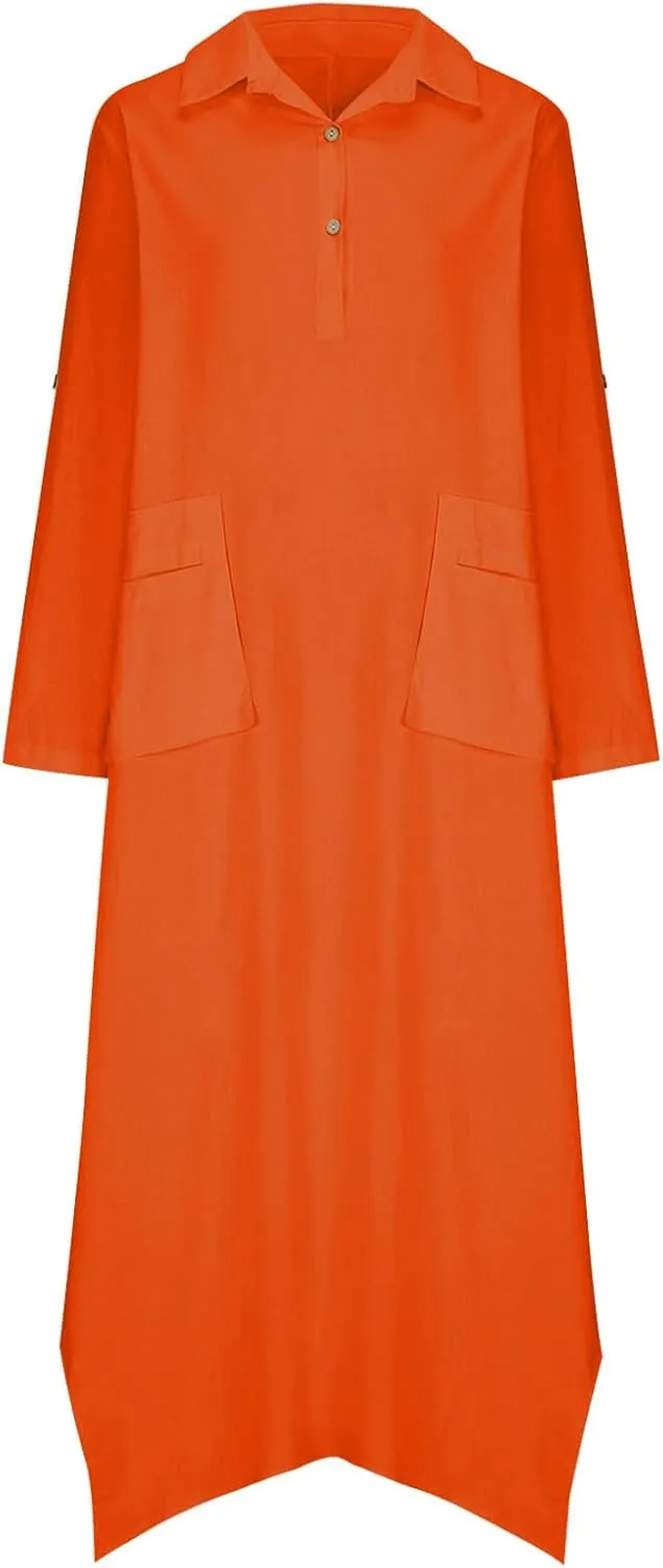 Dresses for Women Long Sleeve Cotton Linen Oversized Loose Dresses Casual Henley Button Down Flowy Dresses Fall 2024