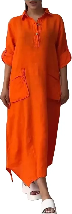 Dresses for Women Long Sleeve Cotton Linen Oversized Loose Dresses Casual Henley Button Down Flowy Dresses Fall 2024