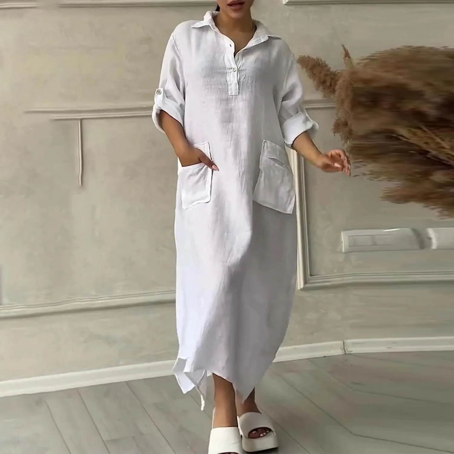 Dresses for Women Long Sleeve Cotton Linen Oversized Loose Dresses Casual Henley Button Down Flowy Dresses Fall 2024