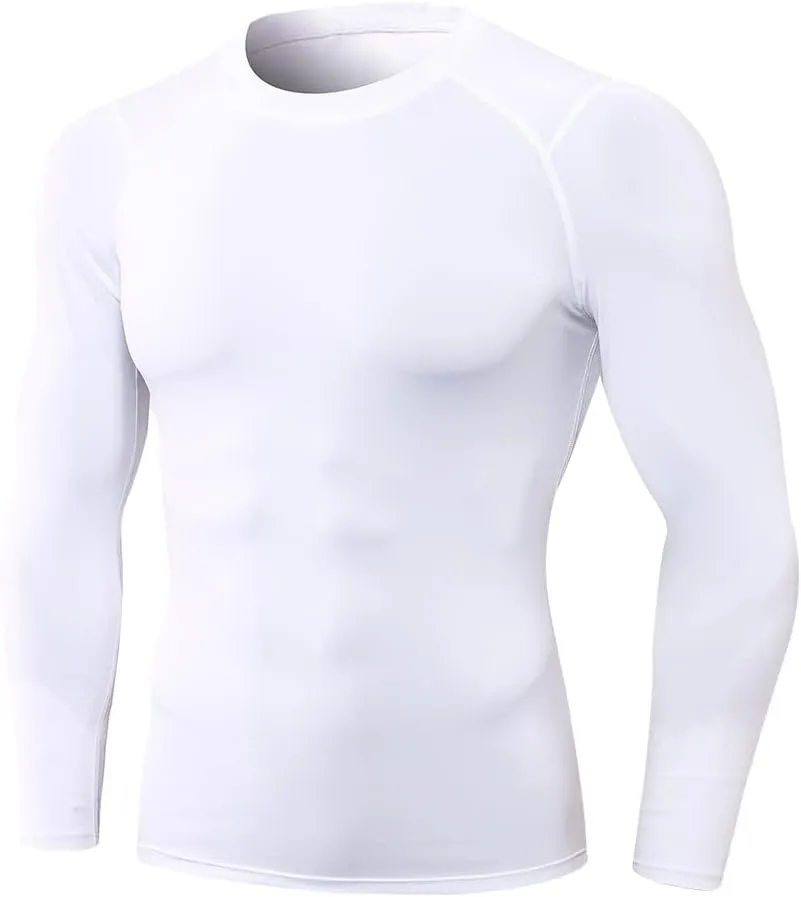 EARGFM Men's Athletic Long Sleeve Compression Shirt Training Running Baselayer Sports Quick Drying T-Shirts High Elastic Tops, White, XX-Large