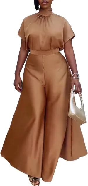 Ecirod Womens 2 Piece Church Outfits Turtleneck Bow Tie Cap Sleeve Tops High Waisted Flowy Wide Leg Palazzo Pants Set