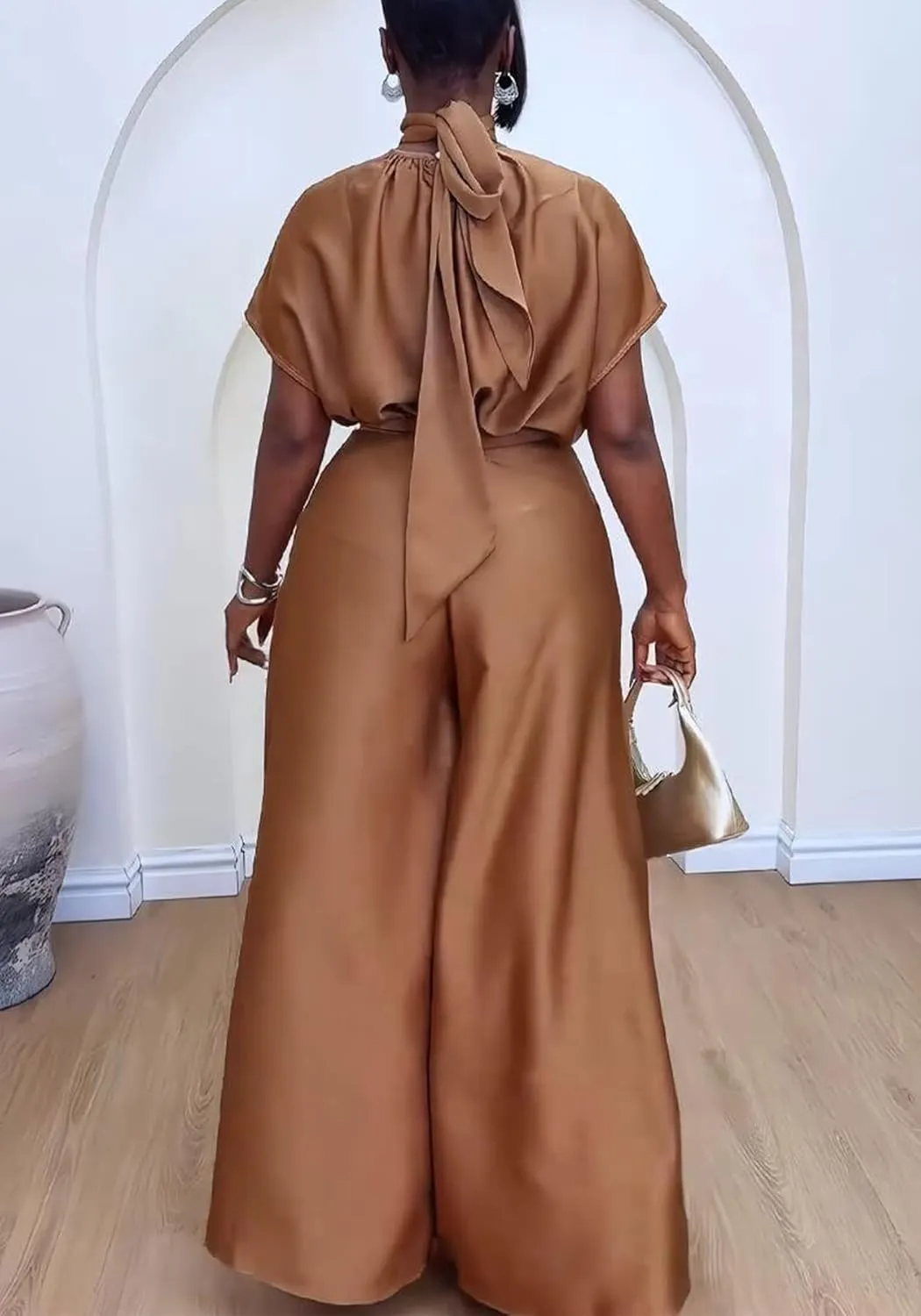 Ecirod Womens 2 Piece Church Outfits Turtleneck Bow Tie Cap Sleeve Tops High Waisted Flowy Wide Leg Palazzo Pants Set