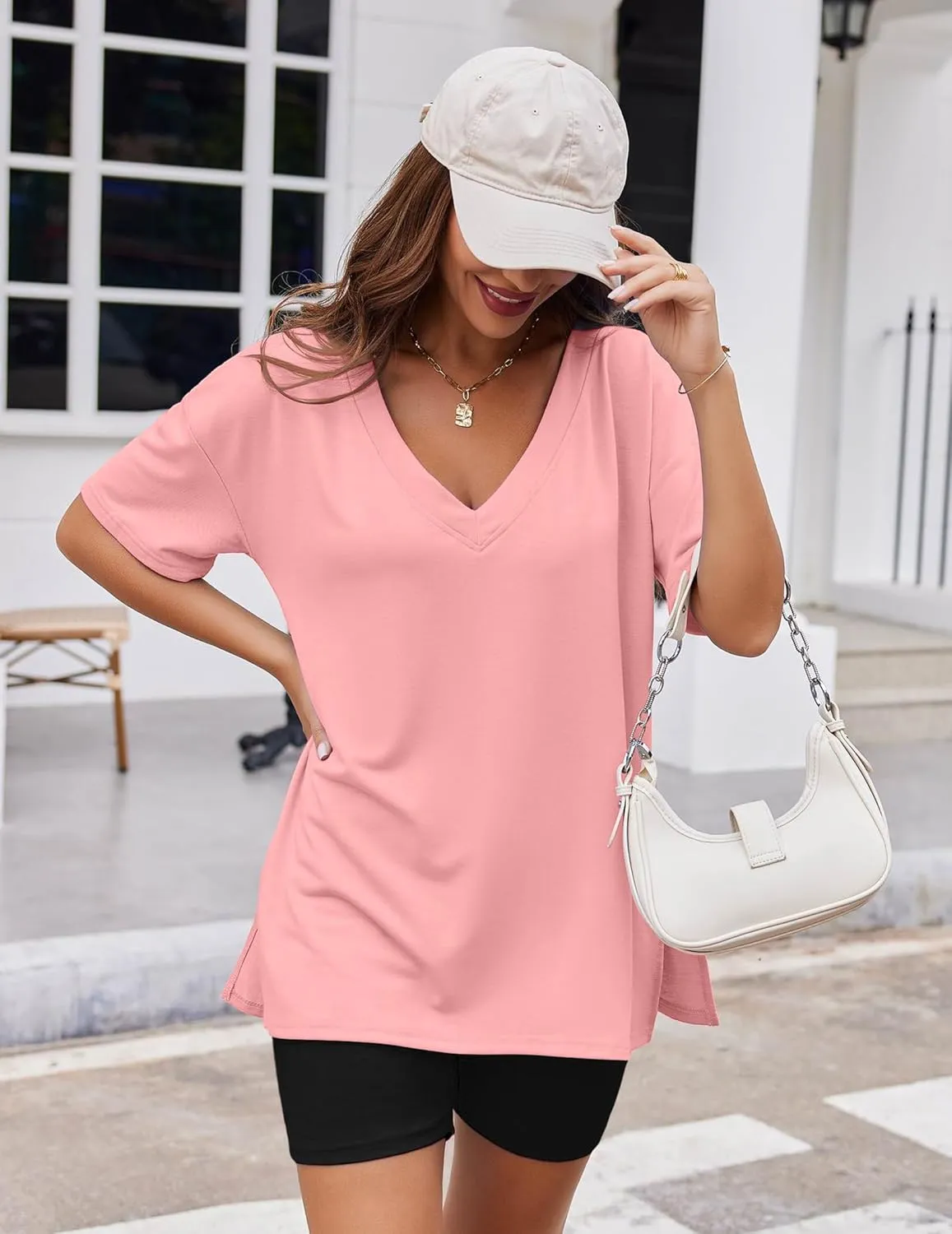 Ekouaer Womens Pajamas 2 Piece Lounge Sets Oversized V Neck T-Shirts Tops Biker Shorts Set Workout Reversible Tracksuit S-XXL