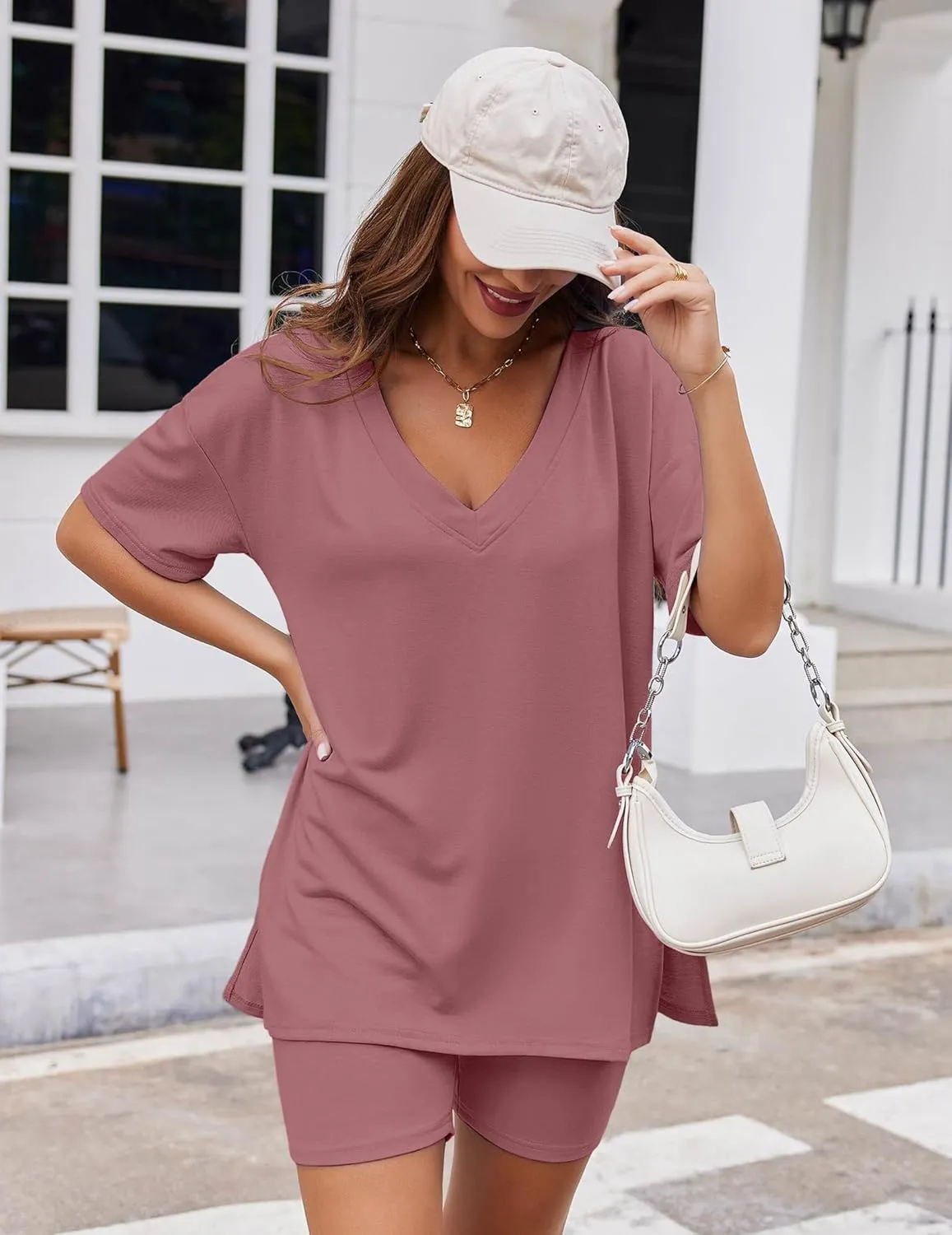 Ekouaer Womens Pajamas 2 Piece Lounge Sets Oversized V Neck T-Shirts Tops Biker Shorts Set Workout Reversible Tracksuit S-XXL