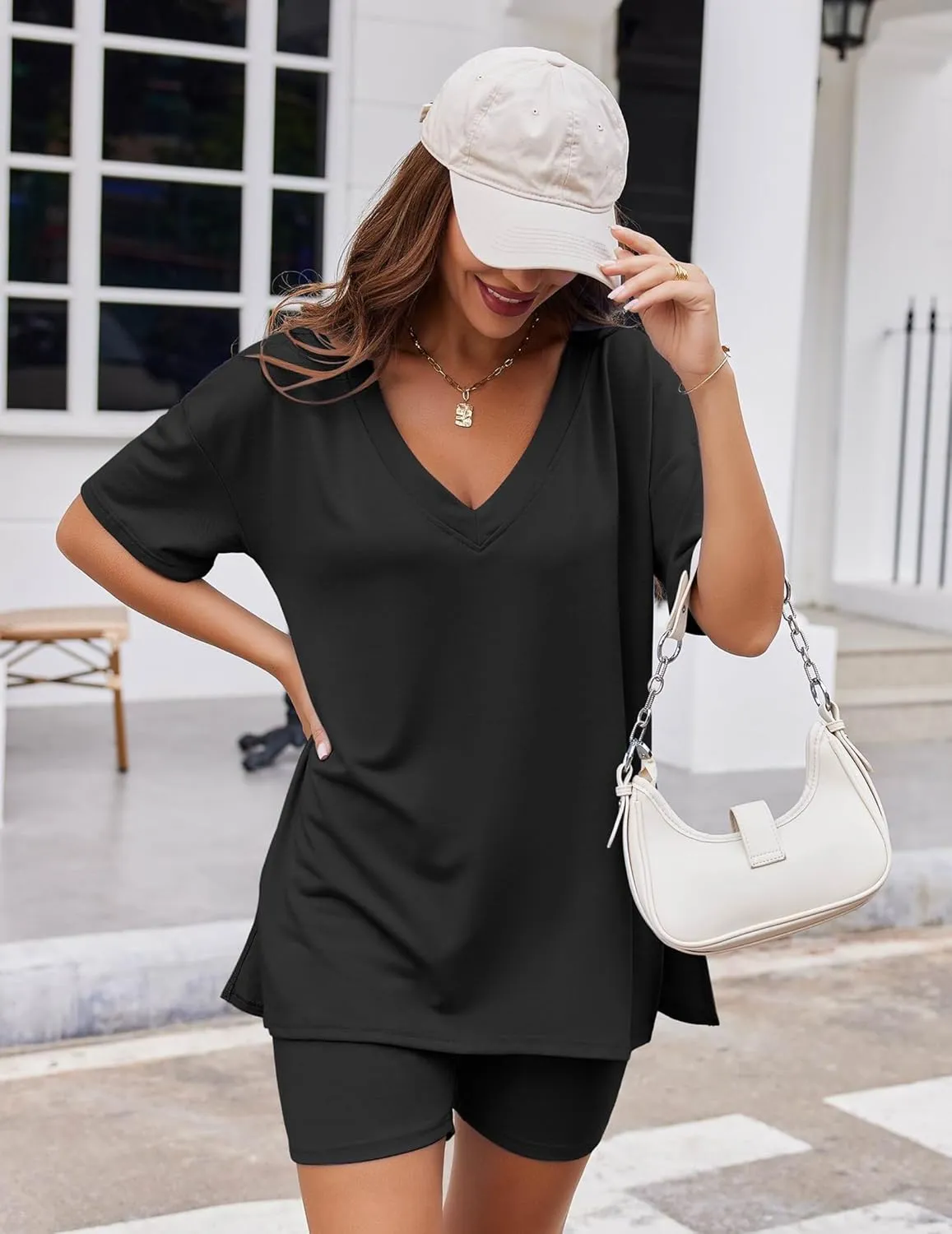 Ekouaer Womens Pajamas 2 Piece Lounge Sets Oversized V Neck T-Shirts Tops Biker Shorts Set Workout Reversible Tracksuit S-XXL