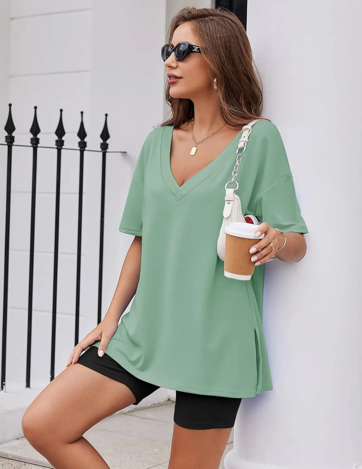 Ekouaer Womens Pajamas 2 Piece Lounge Sets Oversized V Neck T-Shirts Tops Biker Shorts Set Workout Reversible Tracksuit S-XXL