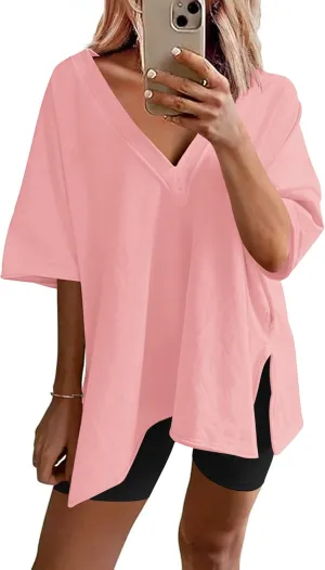 Ekouaer Womens Pajamas 2 Piece Lounge Sets Oversized V Neck T-Shirts Tops Biker Shorts Set Workout Reversible Tracksuit S-XXL