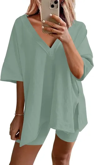Ekouaer Womens Pajamas 2 Piece Lounge Sets Oversized V Neck T-Shirts Tops Biker Shorts Set Workout Reversible Tracksuit S-XXL