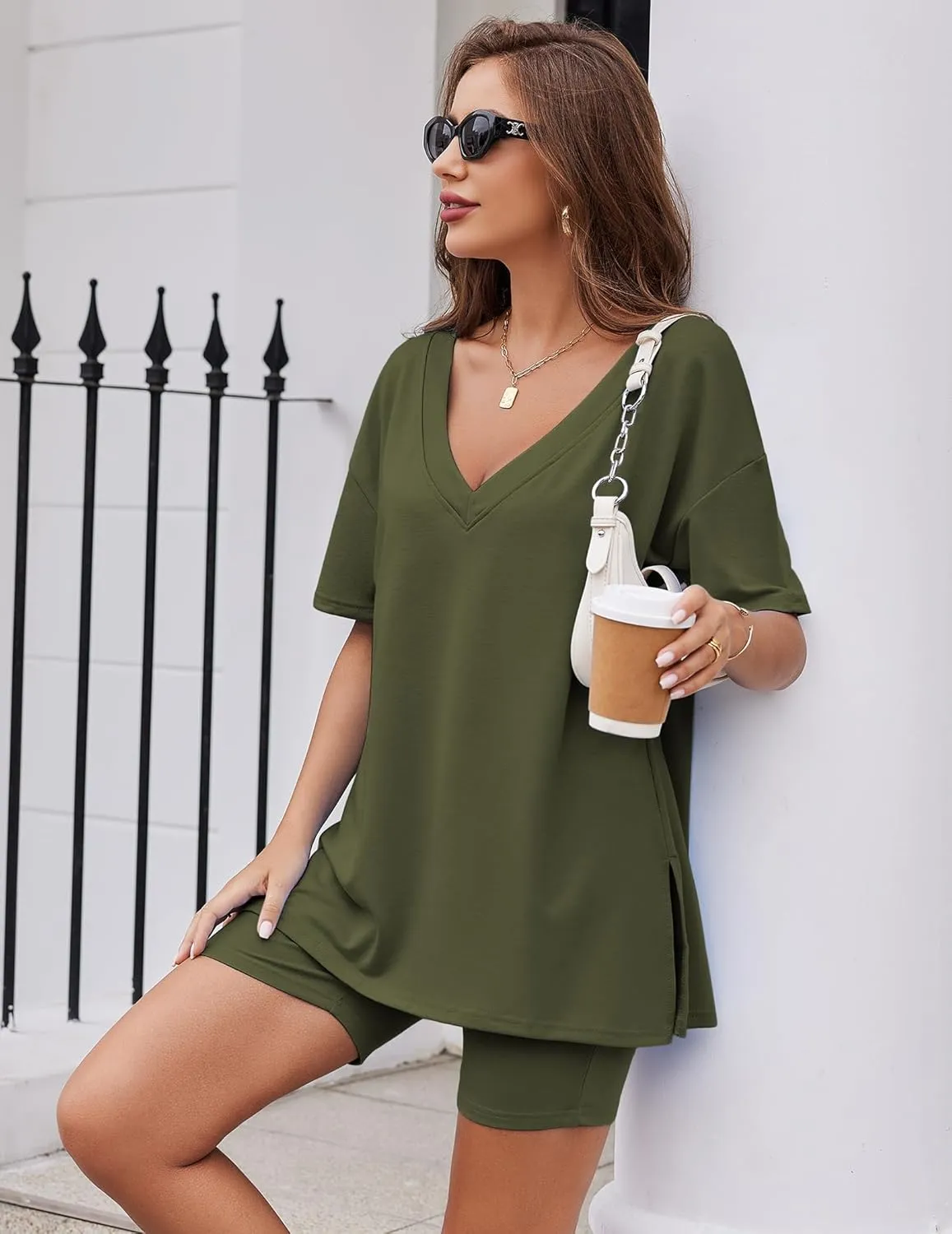 Ekouaer Womens Pajamas 2 Piece Lounge Sets Oversized V Neck T-Shirts Tops Biker Shorts Set Workout Reversible Tracksuit S-XXL
