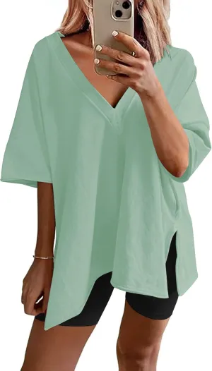 Ekouaer Womens Pajamas 2 Piece Lounge Sets Oversized V Neck T-Shirts Tops Biker Shorts Set Workout Reversible Tracksuit S-XXL