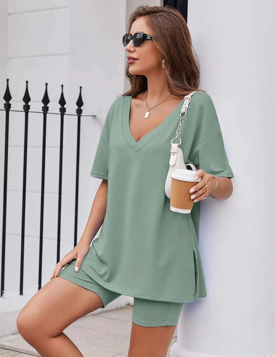 Ekouaer Womens Pajamas 2 Piece Lounge Sets Oversized V Neck T-Shirts Tops Biker Shorts Set Workout Reversible Tracksuit S-XXL