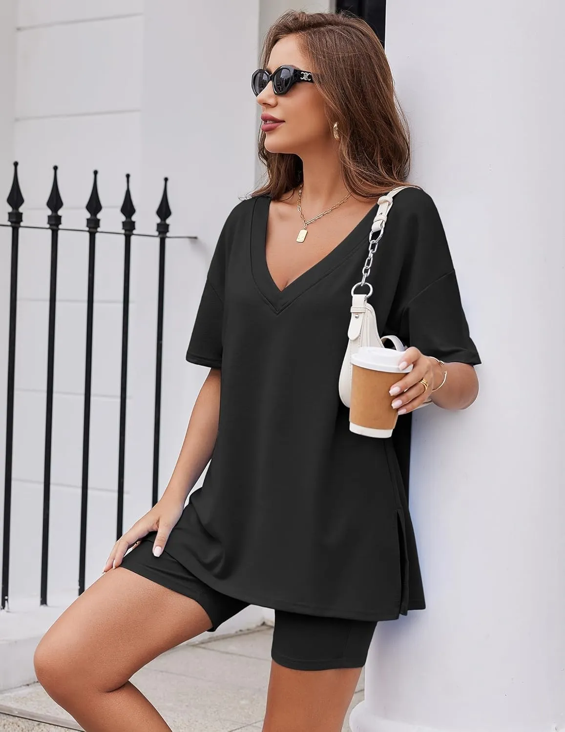 Ekouaer Womens Pajamas 2 Piece Lounge Sets Oversized V Neck T-Shirts Tops Biker Shorts Set Workout Reversible Tracksuit S-XXL