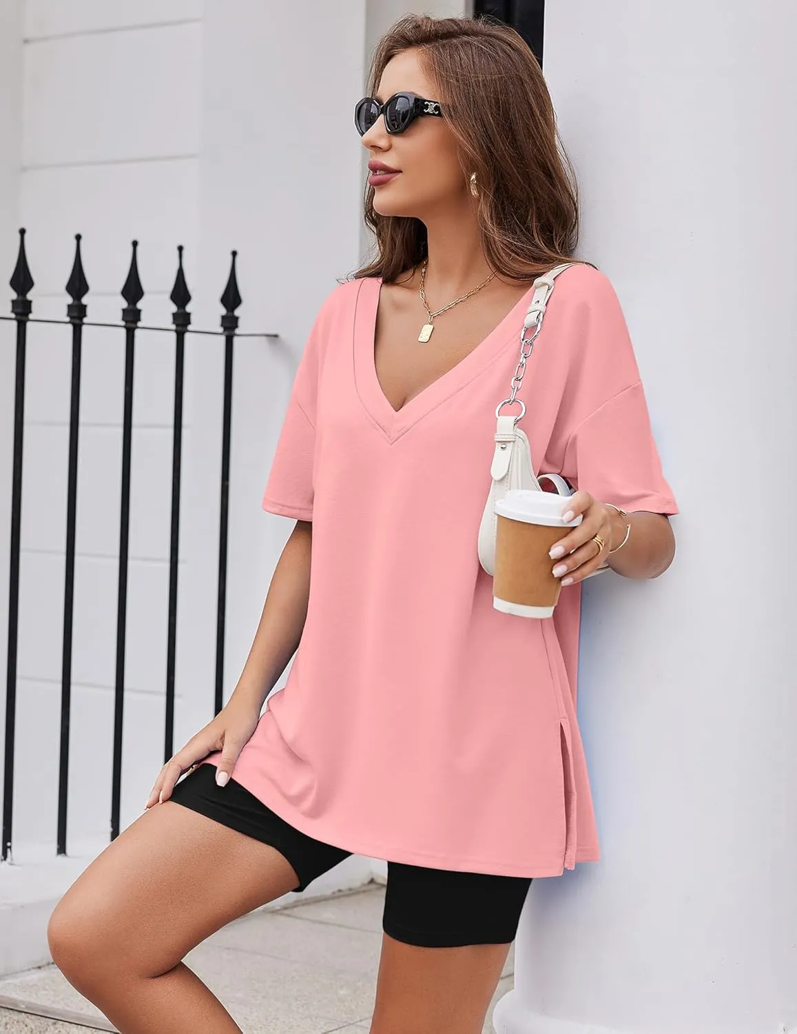 Ekouaer Womens Pajamas 2 Piece Lounge Sets Oversized V Neck T-Shirts Tops Biker Shorts Set Workout Reversible Tracksuit S-XXL
