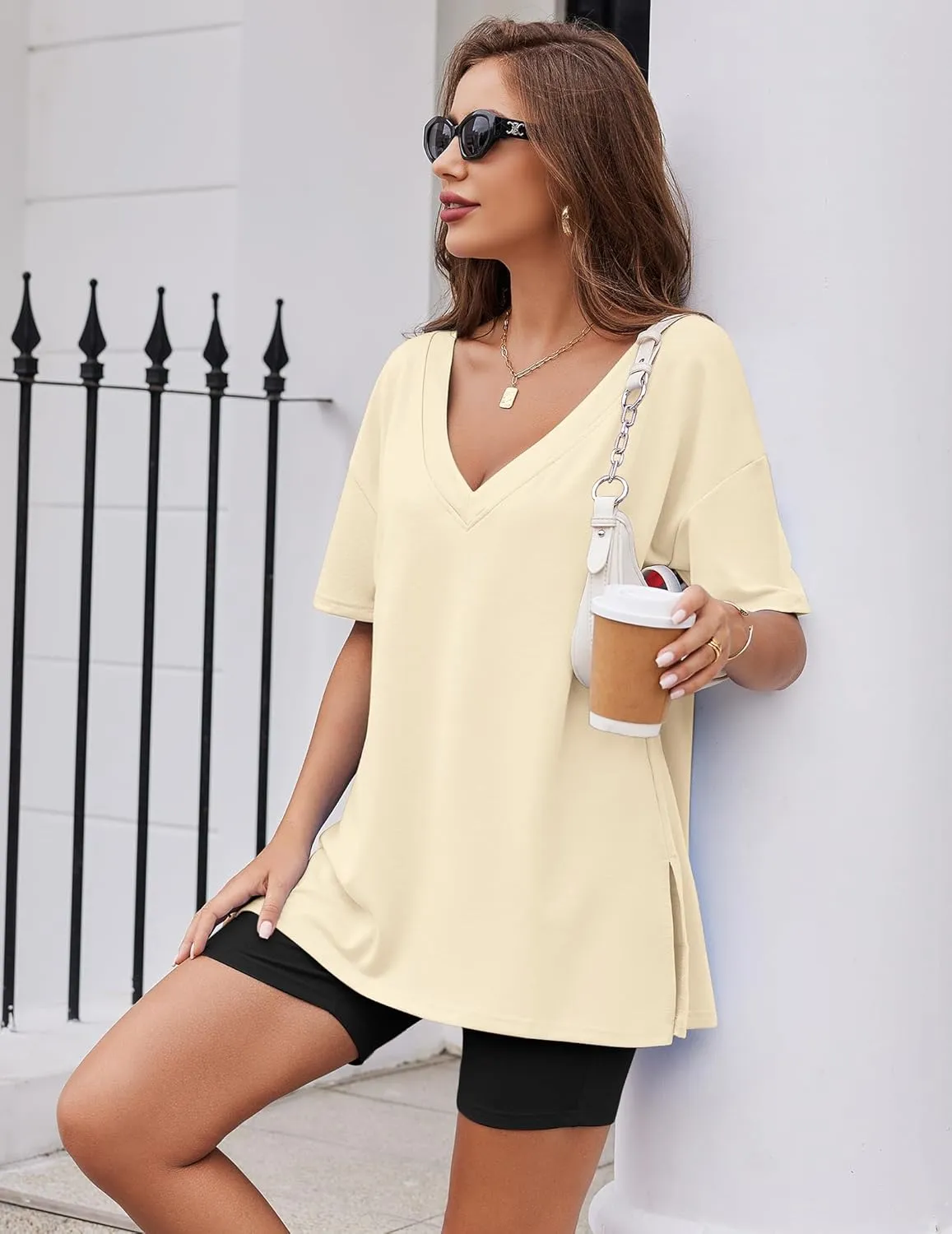 Ekouaer Womens Pajamas 2 Piece Lounge Sets Oversized V Neck T-Shirts Tops Biker Shorts Set Workout Reversible Tracksuit S-XXL