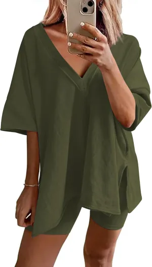 Ekouaer Womens Pajamas 2 Piece Lounge Sets Oversized V Neck T-Shirts Tops Biker Shorts Set Workout Reversible Tracksuit S-XXL