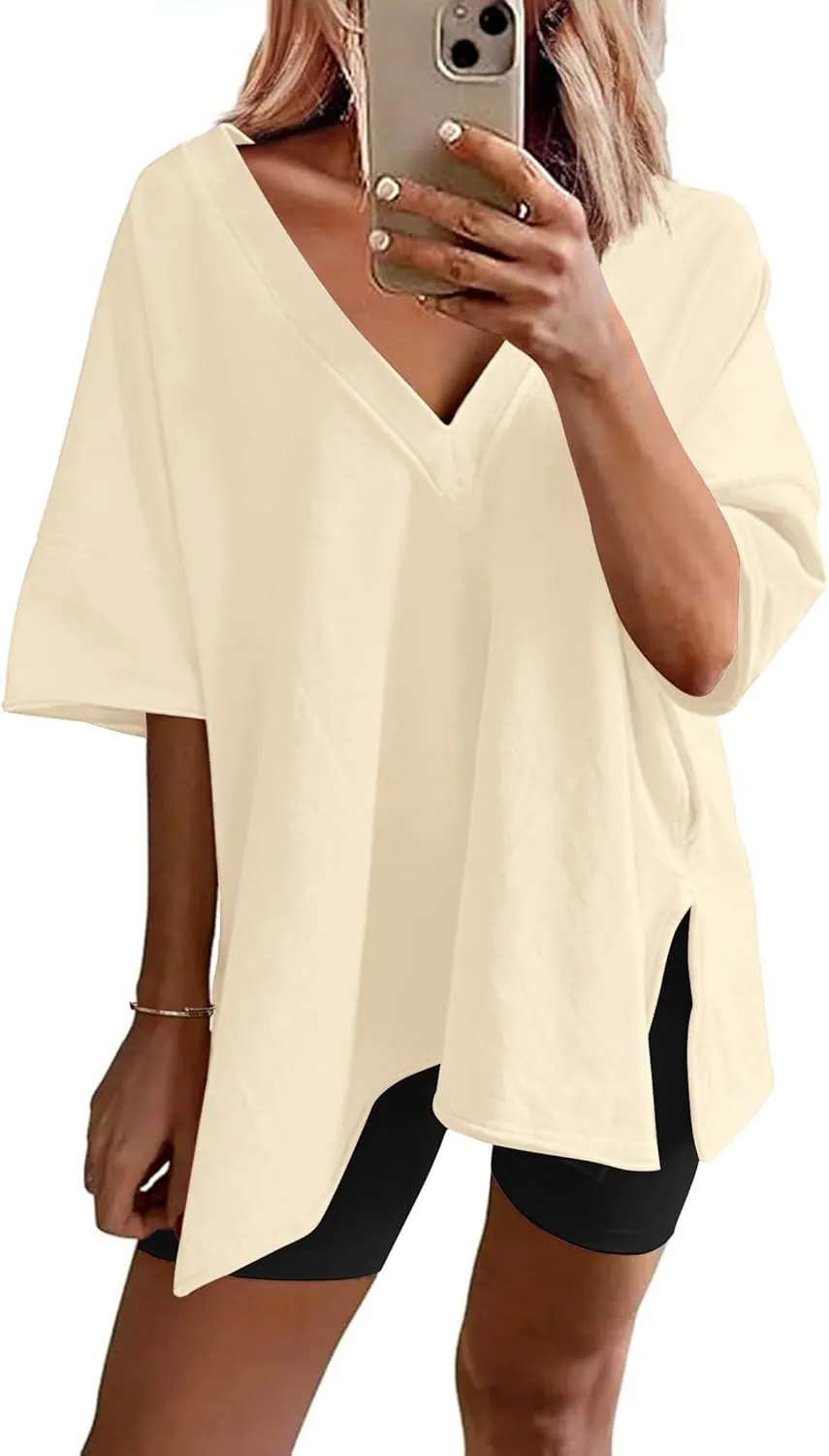 Ekouaer Womens Pajamas 2 Piece Lounge Sets Oversized V Neck T-Shirts Tops Biker Shorts Set Workout Reversible Tracksuit S-XXL