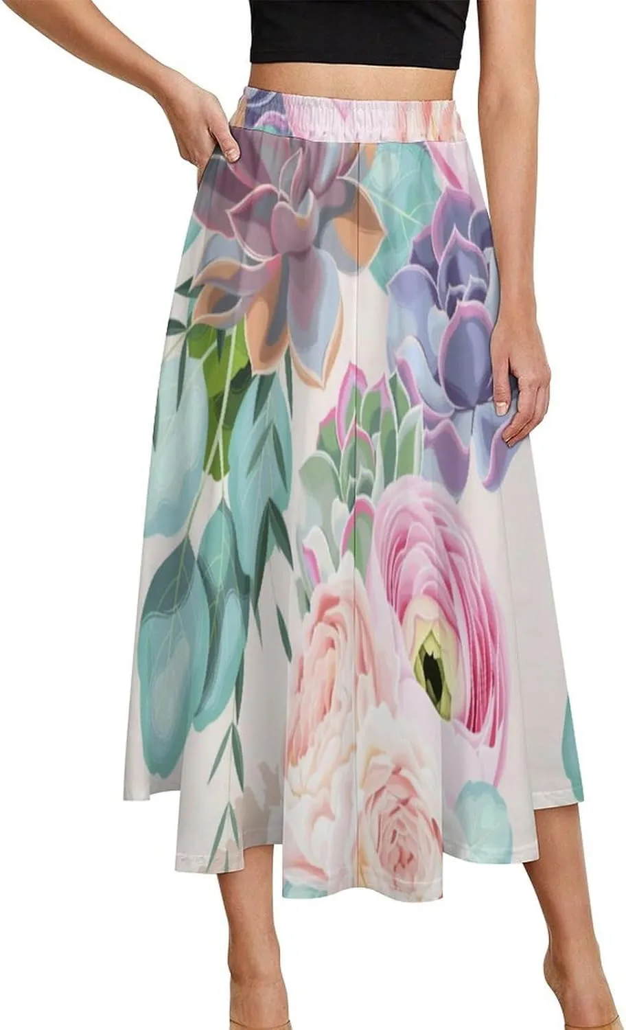 Elegant Succulent Plants Print Midi Skirt High Elastic Waist Ruffle Bohemia Spring Skirt