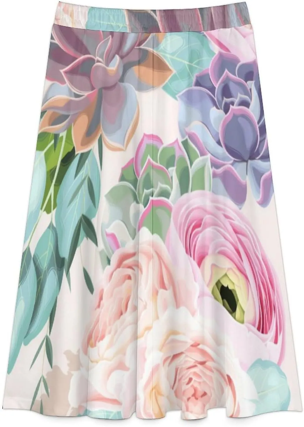 Elegant Succulent Plants Print Midi Skirt High Elastic Waist Ruffle Bohemia Spring Skirt