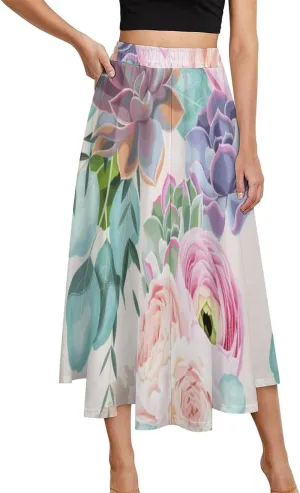 Elegant Succulent Plants Print Midi Skirt High Elastic Waist Ruffle Bohemia Spring Skirt