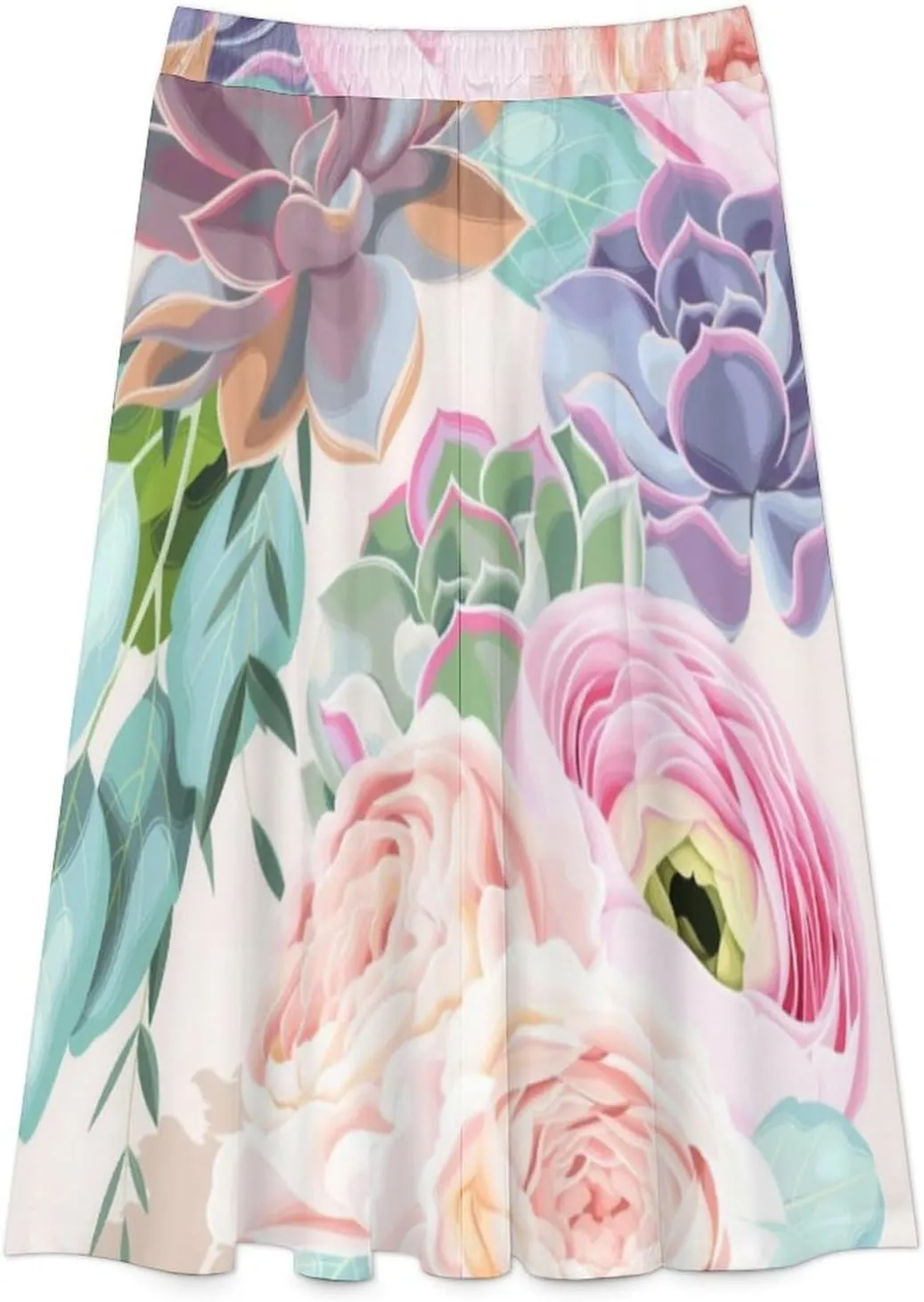 Elegant Succulent Plants Print Midi Skirt High Elastic Waist Ruffle Bohemia Spring Skirt