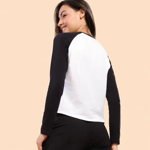 Enamor Women's Solid Slim Fit T-Shirt (E307_Black/Bright White 2XL)