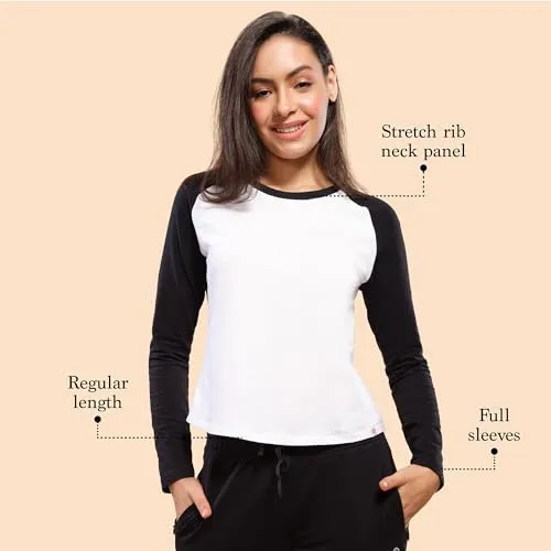Enamor Women's Solid Slim Fit T-Shirt (E307_Black/Bright White 2XL)