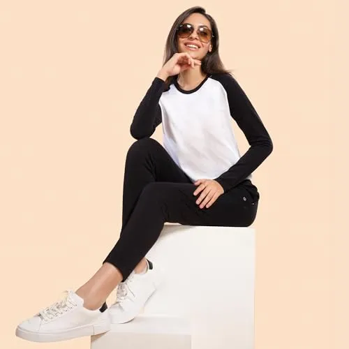 Enamor Women's Solid Slim Fit T-Shirt (E307_Black/Bright White 2XL)