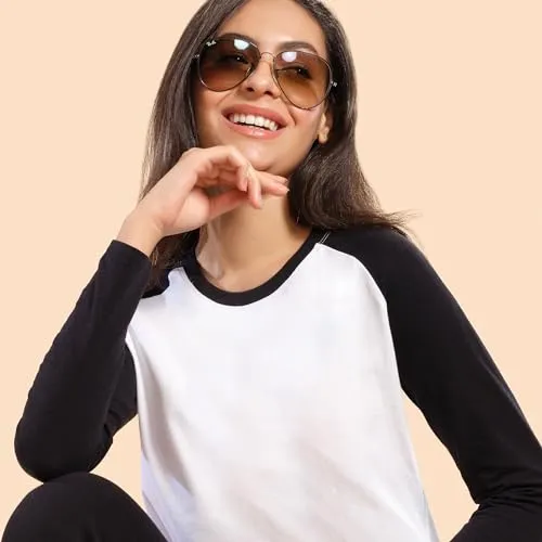 Enamor Women's Solid Slim Fit T-Shirt (E307_Black/Bright White 2XL)