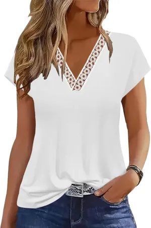 ETCYY Womens Summer Tank Tops 2025 Loose Fit Trendy Lace V Neck Solid Color Cap Sleeve T Shirts Blouses
