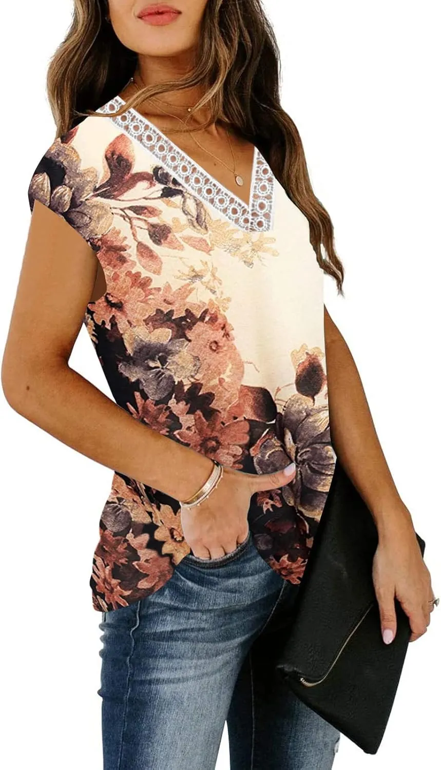 ETCYY Womens Summer Tank Tops 2025 Loose Fit Trendy Lace V Neck Solid Color Cap Sleeve T Shirts Blouses