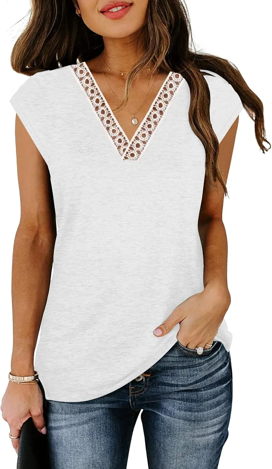 ETCYY Womens Summer Tank Tops 2025 Loose Fit Trendy Lace V Neck Solid Color Cap Sleeve T Shirts Blouses