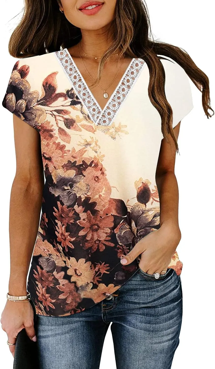 ETCYY Womens Summer Tank Tops 2025 Loose Fit Trendy Lace V Neck Solid Color Cap Sleeve T Shirts Blouses