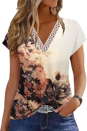 ETCYY Womens Summer Tank Tops 2025 Loose Fit Trendy Lace V Neck Solid Color Cap Sleeve T Shirts Blouses
