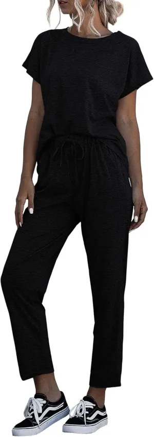 Eurivicy Women's 2 Piece Outfits Sets Casual Short Sleeve Crewneck T-Shirts and Pocketed Jogger Pants Summer Tracksuit Set