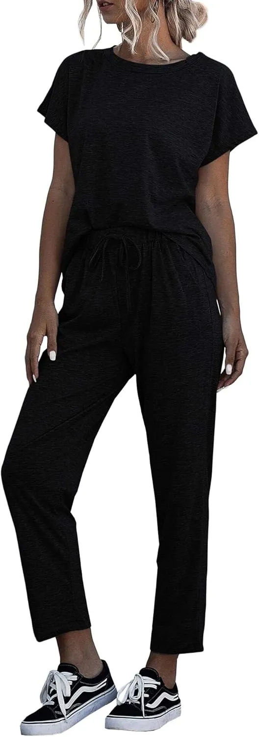 Eurivicy Women's 2 Piece Outfits Sets Casual Short Sleeve Crewneck T-Shirts and Pocketed Jogger Pants Summer Tracksuit Set