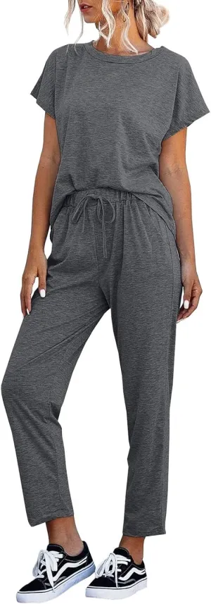 Eurivicy Women's 2 Piece Outfits Sets Casual Short Sleeve Crewneck T-Shirts and Pocketed Jogger Pants Summer Tracksuit Set
