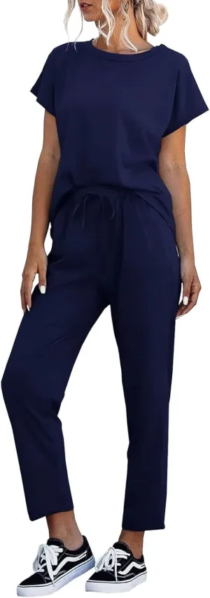 Eurivicy Women's 2 Piece Outfits Sets Casual Short Sleeve Crewneck T-Shirts and Pocketed Jogger Pants Summer Tracksuit Set